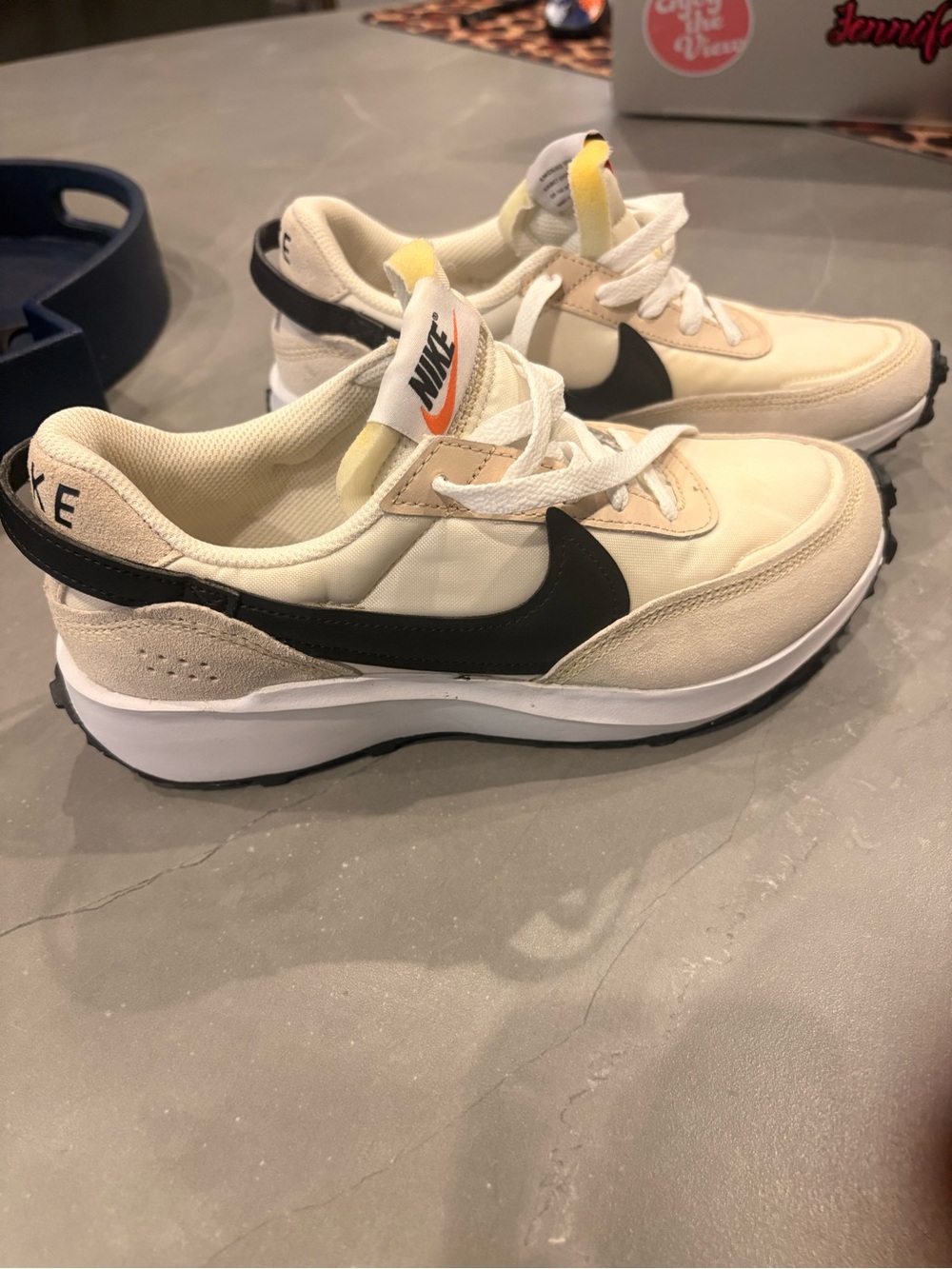 Nike Beige and Black Low-Top Sneakers with Yellow Tongue Tab